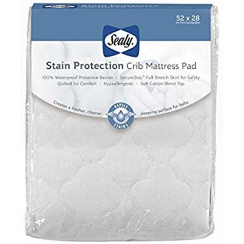 Sealy Stain Protection Waterproof Fitted Toddler & Baby Crib Mattress Pad Cover/Protector, White, 52” x 28”