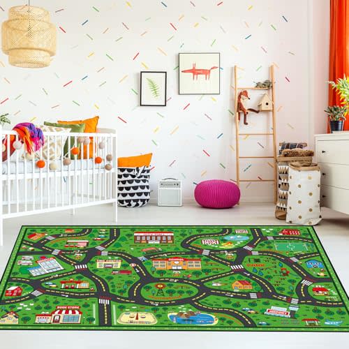 Tinideya Kids Carpet Playmat Rug Player Car Rug, 4 x 6 ft Traffic Map Mat Educational Game Area for Toddler Children Playroom Classroom Bedroom (City, Green)