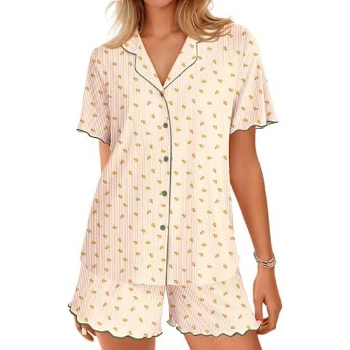 Ekouaer Button Up Pajamas Set for Women Short Sleeve Ribbed Knit Sleepwear 2 Piece Pjs Shorts Set