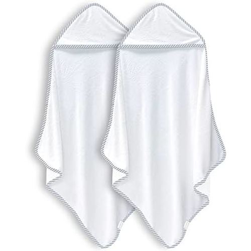 2 Pack Baby Bath Towel - Rayon Made from Bamboo, Ultra Absorbent - Ultra Soft Hooded Towels for Boy and Girl (White and Stripe, 30 x 30 Inch)