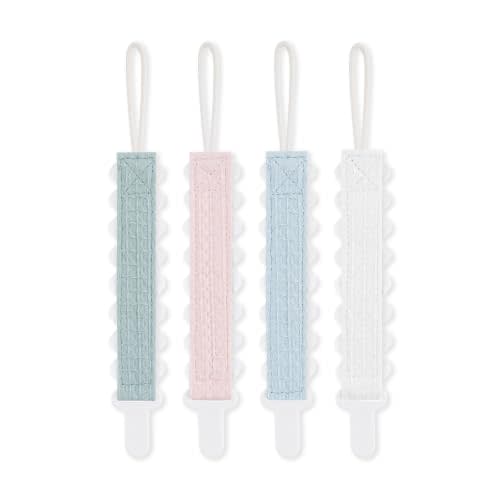 Pacifier Clip for Baby Boy and Girl, 4 Pack A | Soft Cotton Waffle Fabric, Rick Rack Trim, Plastic Clip No Rust, Unisex, Newborn Essentials ,Baby Birthday Shower Gift