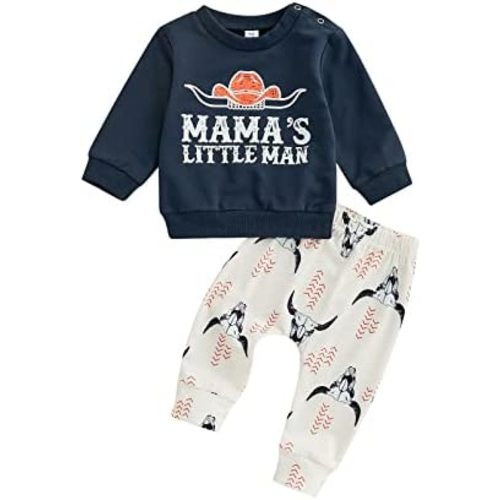 Western Baby Boy Mama's Little Man Clothes Long Sleeve Crewneck Sweatshirt Cow Print Jogger Pants 2Pcs Spring Outfits