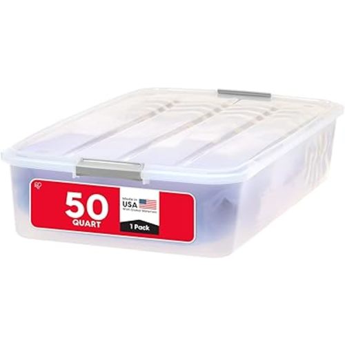 IRIS USA 50 Qt Plastic Under Bed Storage Organizer Bin Container with Secure Lids and Durable Black Buckles, Multi-Purpose for Clothes Shoes Clothing Bedding, Long, Clear