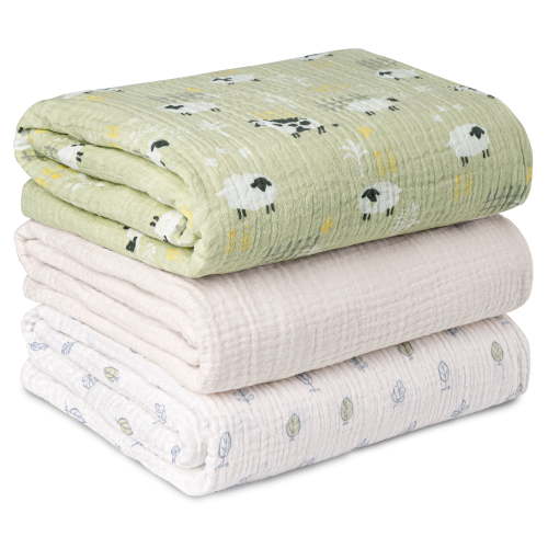 Gllquen Baby 3-Pack Muslin Organic Cotton Swaddle Blankets for Newborn Infant Boys Girls 38"x40", Grass Pastures