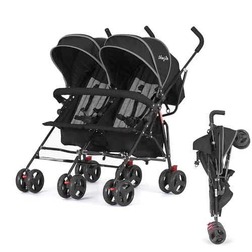 Dream On Me Volgo Twin Baby Stroller, Lightweight Side-by-Side Double Umbrella Stroller with Adjustable Canopy, 5-Point Harness, Storage Basket & Travel-Friendly Fold – Black | 5 Point Safety Harness, Smooth Swivel Wheels, Lightweight, Adjustable Doubl...