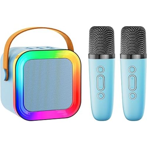 Mini Karaoke Machine Speaker for Kids Adults,Portable Bluetooth with 1-2 Wireless Microphones,Christmas Birthday Gifts Toys Girls Boys Ages 4, 5, 6,7, 8,9,10,11,12+ Years Old Toddler (Blue - 2 Mic)