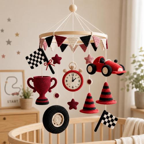 Race Car Baby Mobile, Crochet Crib Mobile for Boy Nursery, Handmade Racing Nursery Decor, Baby Shower Gift for Newborn