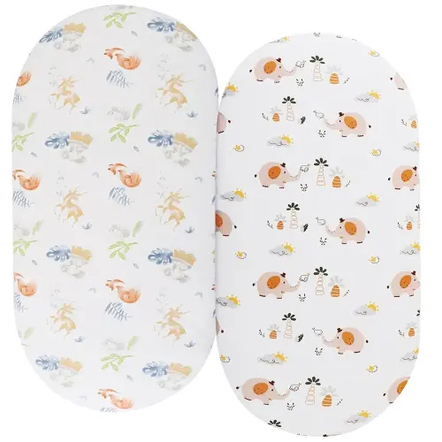 Bassinet Sheets (33" x 19") Compatible with Mika Micky, Baby Delight, Dream On Me, Amke and Other Rectangle Mattress, 2 Pack Fitted Sheets, 100% Jersey Knit Cotton 190GSM, Fox Deer and Elephant