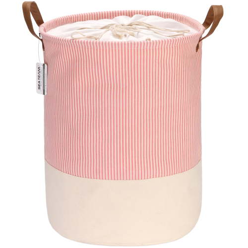 Sea Team Stripe Pattern Laundry Hamper Canvas Fabric Laundry Basket Collapsible Storage Bin with PU Leather Handles and Drawstring Closure, 17.7 by 13.8 inches, Waterproof Inner, Pink