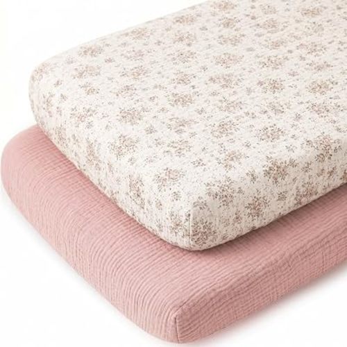2 Pack Muslin Bassinet Sheets for Boy Girl - Neutral Bassinet Fitted Sheets for Hourglass, Oval, and Rectangle Mattress - 17” x 32” Soft Breathable Cotton Baby Sheets - Dusty Pink & Floral