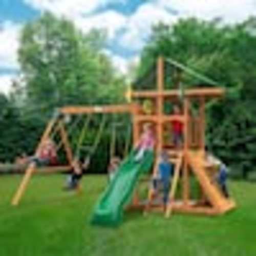 Gorilla Playsets Outing III Wooden Outdoor Playground Set with Vinyl Roof, Slide, Sandbox, Rock Wall, Swing Set, and Playset Accessories 01-0001