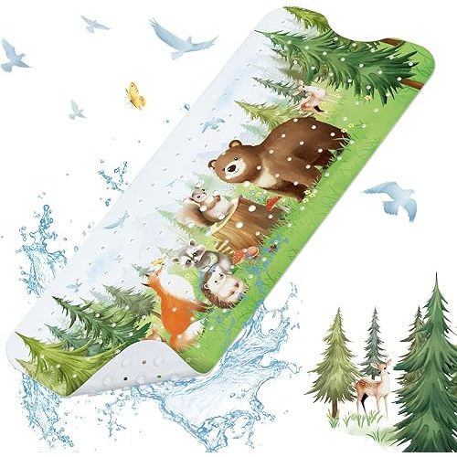 SHUCHING Baby Bath Mat for Tub Non Slip-40 X 16 Inch, Extra Long Kids Bathtub Mat Non Slip, Toddler Shower Mat for Bathroom, Pine Animal