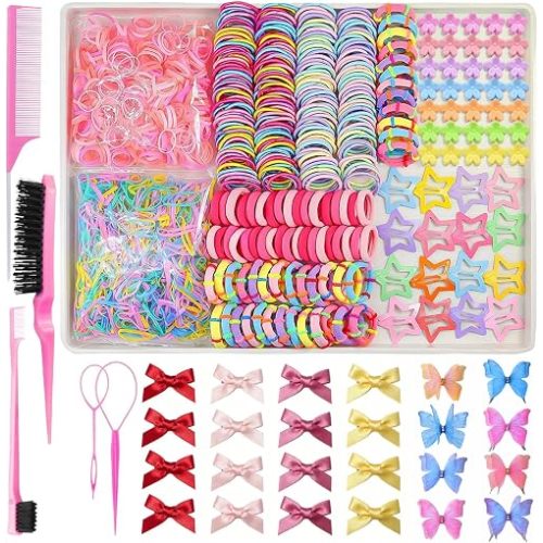 Soft Elastic Hair Ties，Colorful Hair Bobbles for Girls, Multicolor Hair Accessories Set with Hair Tail Tools & Cute Mini Hair Clips (Jumbo Pack(1000PCS))