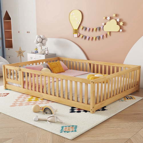 Bellemave Queen Size Montessori Floor Bed, Wood Frame with Fence and Door, Natural Brown