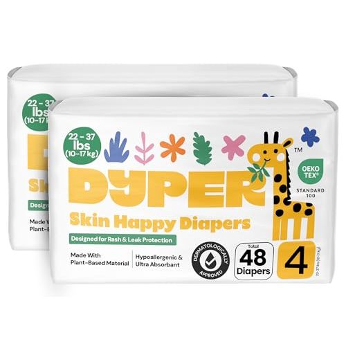 DYPER - Pack of 2 Baby Diapers Size 4 (48 Count) - Leak Proof, Plant Based, Hypoallergenic & Ultra Absorbent Disposable Diaper for Day & Overnight, Skin-Friendly Comfort Size 4 Diapers (22-37 lbs)