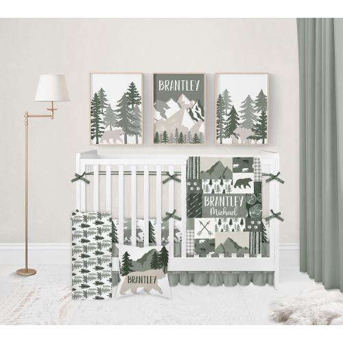 Woodland Nursery Bedding Set, Bear Crib Bedding Boy, Baby Boy Crib Bedding Set, Woodland Nursery Decor Boy, Green Baby Bedding Crib Sets Boy