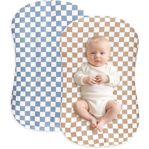 Hooyax Muslin Baby Lounger Cover 2 Pack - 100% Breathable Cotton Soft Infant Lounger Covers, Fits Most Standard Newborn Loungers & Pillows (Blue Cherker+Coffee Checker)