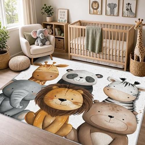 Kids Safari Rugs for Living Room, Jungle Animal Baby Nursery Home Decor Indoor Carpet for Bedroom, Washable Kids Safari Area Rugs 4x6 ft, Non-Slip Backing & Q265