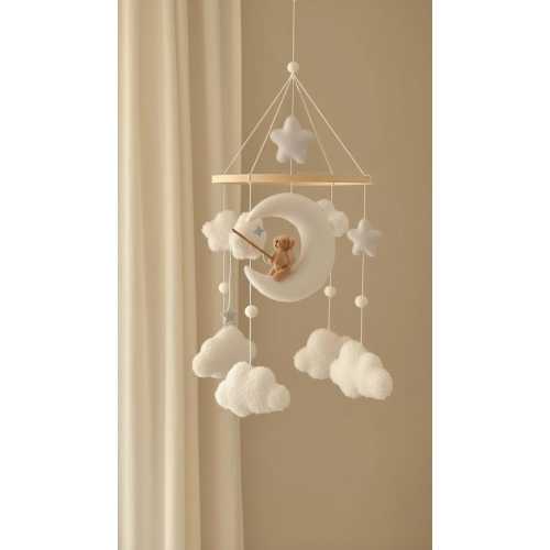 Moon & Teddy Bear Baby Mobile – Plush Clouds and Stars Nursery Decor