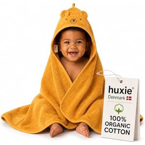 Hooded Baby Towel – 100% Organic Cotton Baby Bath Towels – Baby Boy and Girl Newborn Essentials - Super-Soft and Absorbent. (Bear - Autumn Yellov)