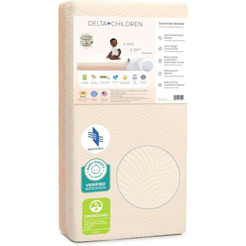 Delta Children Summer Breeze Mattress - Breathable Baby Crib & Toddler Mattress with Cloud Core - Machine Washable Cover - GREENGUARD Gold – Waterproof - Sustainably Sourced Core, Apricot/White