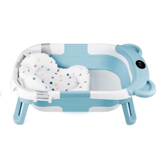 PandaEar Collapsible Baby Bathtub, Travel Toddler Bathtub with Soft Cushion & Drain Hole for Toddler 0-24 Months -Blue