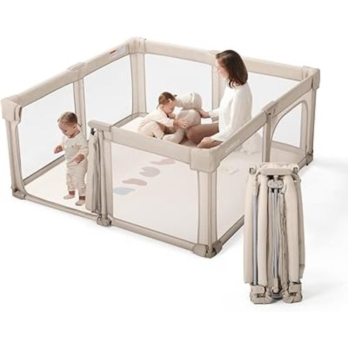 Baby Playpen Portable, Pre-Assembled Play Pen 59x59 Large Foldable Playpen for Babies and Toddlers, Sturdy and Safe Toddler Play Yard Indoor Outdoor with Carry Bag,Khaki