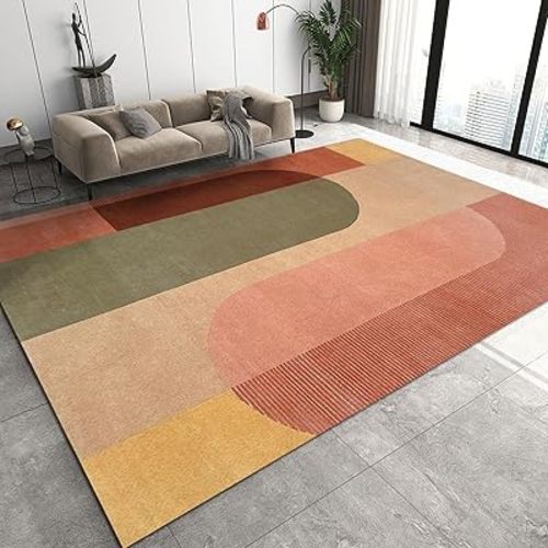 3x5 Rug Mid-Century Geometric Line Washable Rugs, Boho Nude Pink Green Orange Brown Bedroom Rugs with Non Slip Backing for Bedroom Hotel Hardwood Floors Garage Farmhouse