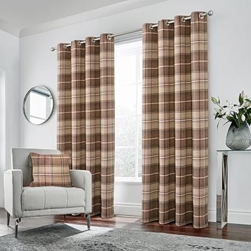 always4u 100% Blackout Woolen Look Plaid Curtains Modern Window Panels Checkered Tartan Curtains for Living Room Bedroom 2 Panels Light Coffee 54 * 84 Inches