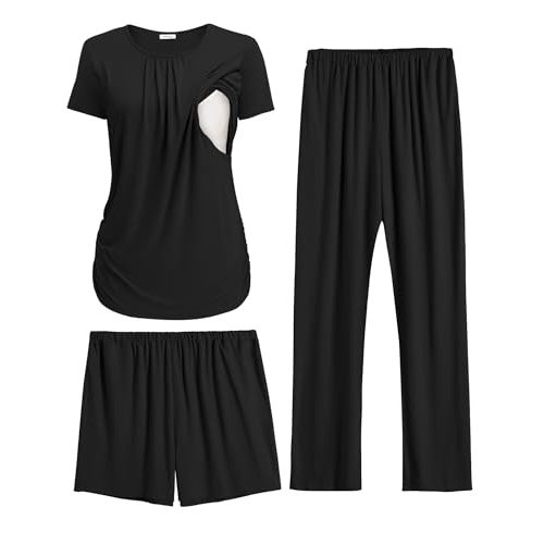 Ekouaer Maternity Nursing Pajamas Set 3 Piece Postpartum Lounge Breastfeeding Pjs Pregnancy Shorts & Pants S-XXL