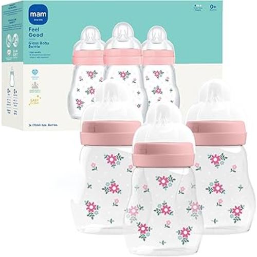 MAM Premium Glass Baby Bottles, Easy Switch Between Breast and Bottle, Feel Good Slow Flow, Newborn Essentials Must Have, 0+ Months, BPA Free, 6oz, Girl, 3 Pack