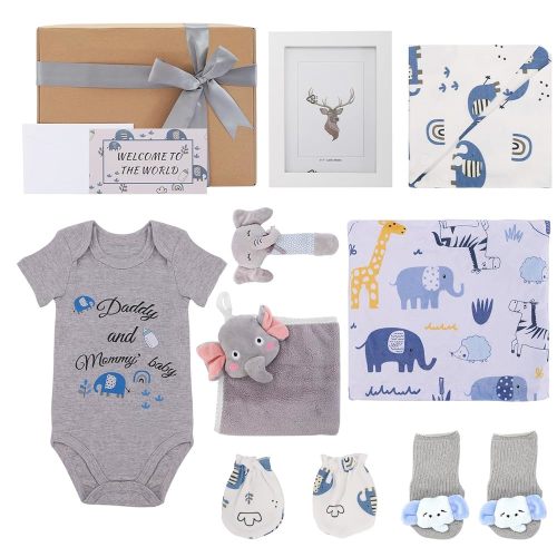 Baby Boy Gifts Baby Shower Gifts for Boys Girls New Born Gift Basket Baby Gift Essential Stuff Gender Reveal Gifts with Rattle Swaddle Blanket Bib Socks Mittens Frame Bodysuit Gift Card Elephant Towel