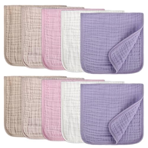 10 Pack Muslin Burp Cloths for Baby Girls 100% Cotton 20x10 Inch Popular Girl Colors Set Purple Pink Beige Brown White Soft Absorbent Newborn Infant Burping Cloths