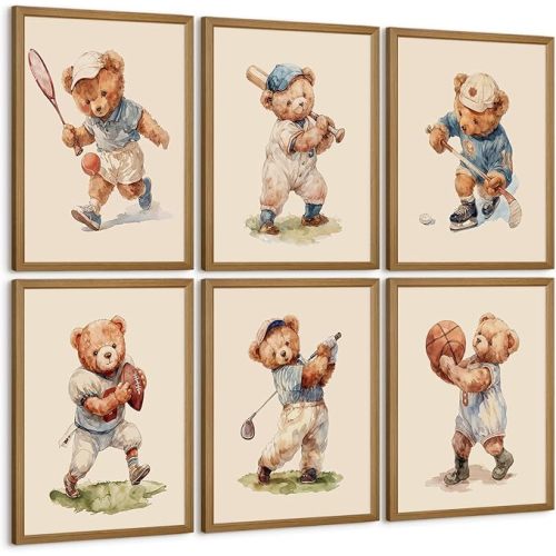 Nursery Bear Wall Art Boy Sports Canvas Wall Decor Baby Nursery Prints Vintage Teddy Bear Poster Boy Room Wall Art Kids Animal Pictures Painting for Bedroom Playroom 8x10 Inch Wood Framed Set of 6