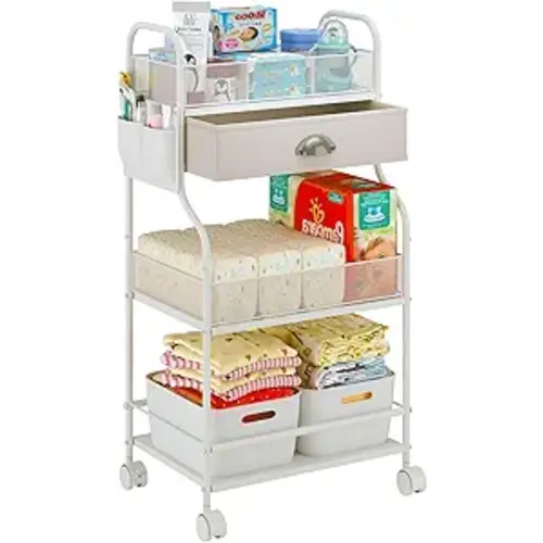 Baby Diaper Caddy Cart Organizer -3 Tier, Bedside Nursery Essentials Cart & Storage Holder for Newborn Baby Stuff, 2+1 Dividers, 1 Drawer,Rolling Utility Cart for Bedroom,Changing Table, Crib.