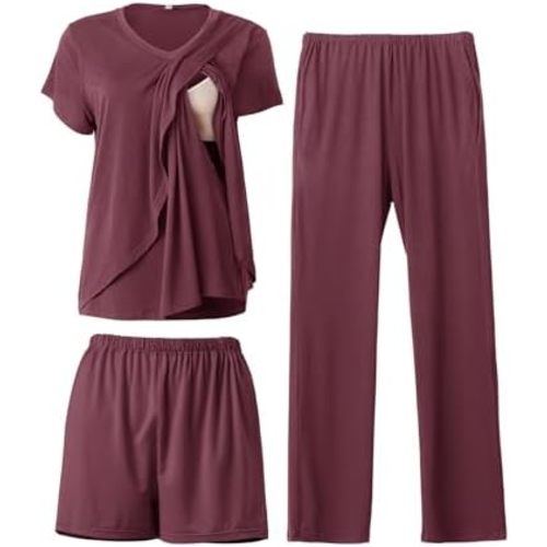 Rnxrbb 3 PCS Nursing Pajamas Set Postpartum Pjs Breastfeeding Sleepwear for Women Double Layer with Pockets