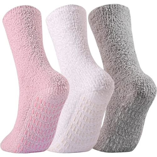 JORMATT 3 Pairs Ultra Thick Grip Fuzzy Socks Non Skid Slipper Hospital Socks Unisex