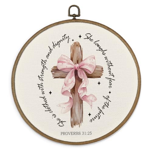 MAQIKA Christian Coquette Proverbs 31:25 Framed Wall Art Decor, Christian Wall Art, Bible Round Wall Hanging Decor, Pink Bow Inspirational Canvas Prints Wall Art for Office Living Room, 10x10 Inch