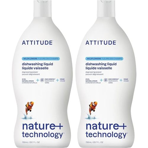ATTITUDE Dish Soap, EWG Verified, Plant-Based & Vegan Dishwashing Liquid, Naturally Derived, Wildflowers Scent, 23.7 Fl Oz,(Pack of 2)