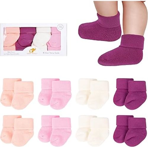8 Pairs Newborn Socks Thick Cotton Terry Turn Cuff Baby Socks 0-6 Months Cute Gifts for Preemie Infant Girl Boy