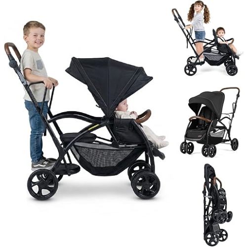 INFANS Sit and Stand Double Stroller, Foldable Tandem with Standing Platform Reclining Backrest, Adjustable Handlebar and Footrest, Storage Basket 5-Point Harnesses, Baby Pushchair for Toddlers