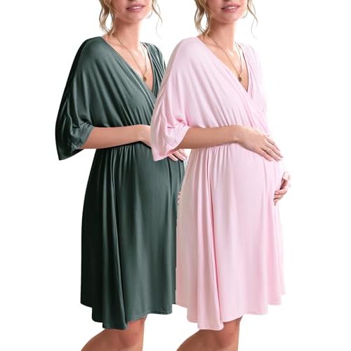 Ekouaer 3 in 1 Labor/Delivery/Hospital Gown 2 Pack Maternity Dress Nursing Nightgown Sleepwear