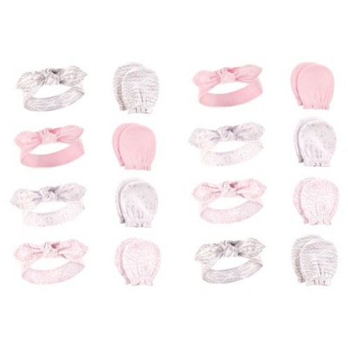 Hudson Baby Infant Girl 16Pc Headband and Scratch Mitten Set, Gray Feather, 0-6 Months