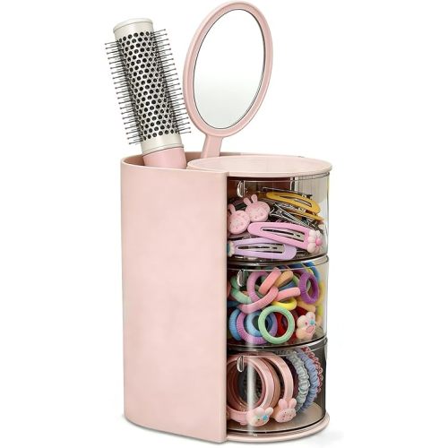 Hair Accessories Organizer, 3 Layer Hair Tool Organizer with Brush Holder, Rotatable Makeup Storage Organizers for Girls, Storage Box for Clip, Rings (Pink)