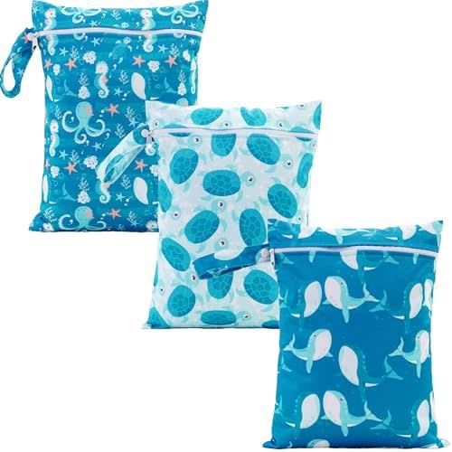 Happy Flute 3 Set Wet Bag Storage Bag Zipper Waterproof Washable Travel Bags, Beach, Pool, Gym Bag for Cloth Diaper, Swimsuits & Wet Clothes for Baby,11.8x15.7inch