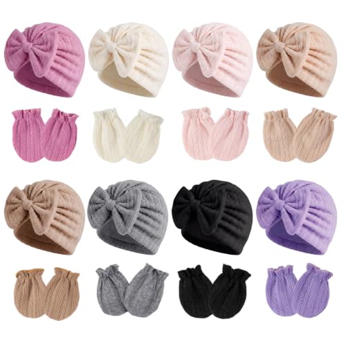 MKYSZLT Baby Girl Bow Hats and Mittens Soft for Infant Girls 6-12 Months | 8 Sets, Baby Girls 6-12 Months, Bow Design, Hats & Mittens, Non-scratch, Cotton Material