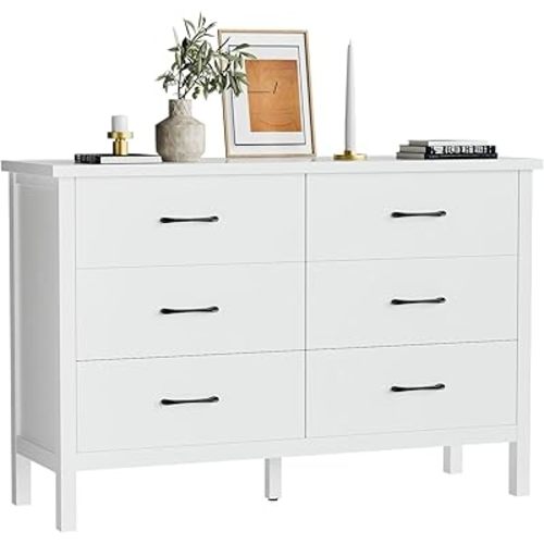 LYNSOM White Dresser for Bedroom, 6 Drawer Dresser with Metal Handles, Modern Wood Chest of Drawers for Living Room, Entryway and Hallway