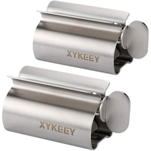XYKEEY Set of 2 Toothpaste Squeezer Rollers, Metal Toothpaste Tube Wringer Seat Holder Stand (Stainless Steel)