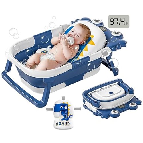 Collapsible Baby Bathtub for Infants to Toddler with Real-time Temp Monitor+Floating Cushion,Foldable Baby Bath Tub Set Applicable 0-36 Month,Portable Travel Baby Tub for Newborns Boy (Beige)