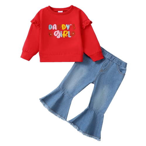 12 Months Baby Girls Outfits 18 Months Girls Fall Winter Clothes Toddler Girls Ruffle Long Sleeve Cute Top Jeans Bell-bottomed Pants 2PCS Set Red